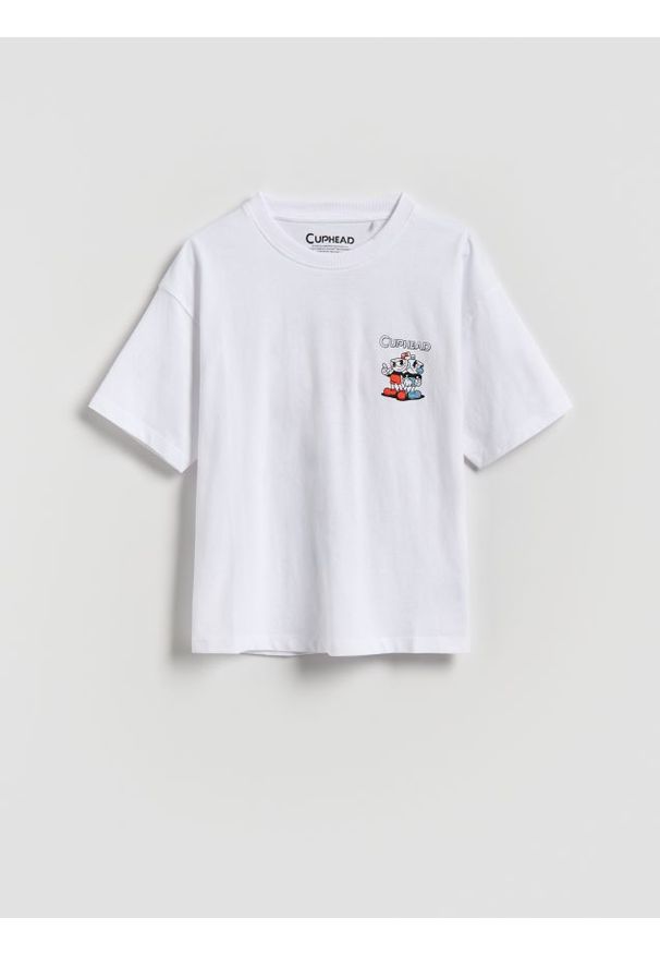 Reserved - T-shirt oversize Cuphead - biały. Kolor: biały. Materiał: dzianina, bawełna