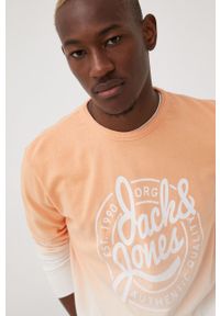 Jack & Jones bluza bawełniana męska kolor pomarańczowy z nadrukiem. Kolor: pomarańczowy. Materiał: bawełna. Wzór: nadruk