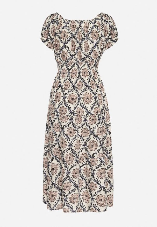 Born2be - Beżowo-Niebieska Sukienka z Bawełną i Bufiastymi Rękawami Revilee. Okazja: na spacer, na co dzień. Kolor: beżowy. Materiał: bawełna. Wzór: aplikacja. Styl: casual, elegancki