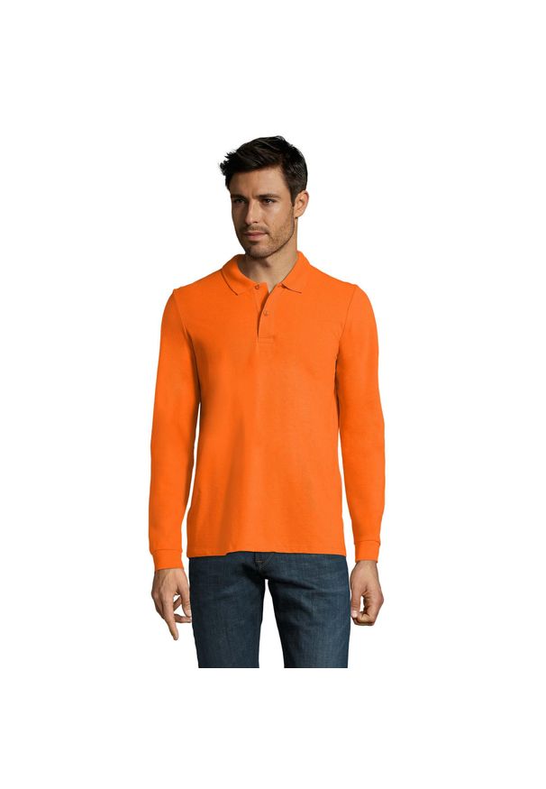SOL'S - Męska Koszulka Polo Perfect Plain Pique Z Długim Rękawem. Typ kołnierza: polo. Kolor: żółty, wielokolorowy, pomarańczowy. Długość rękawa: długi rękaw. Długość: długie. Sport: turystyka piesza