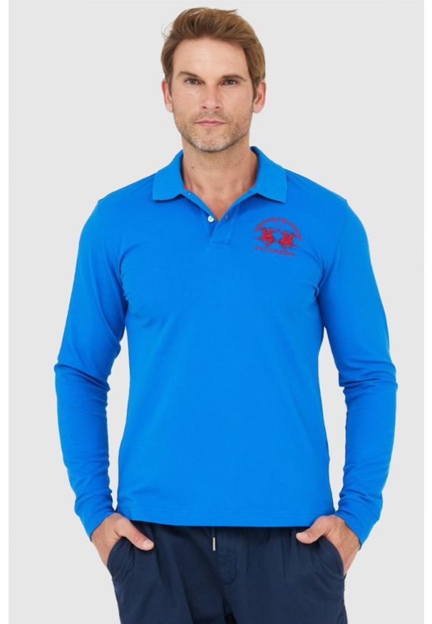 La Martina - LA MARTINA Niebieskie męskie polo z długim rękawem, Rozmiar M. Typ kołnierza: polo. Kolor: niebieski. Długość rękawa: długi rękaw. Długość: długie