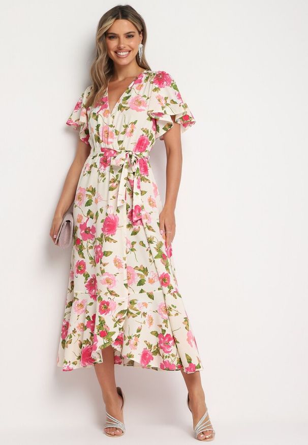 Born2be - Beżowo-Różowa Sukienka z Kopertowym Dekoltem Gumką w Pasie i Materiałowym Paskiem Genatia. Kolor: beżowy. Materiał: materiał. Długość rękawa: krótki rękaw. Sezon: lato. Typ sukienki: kopertowe