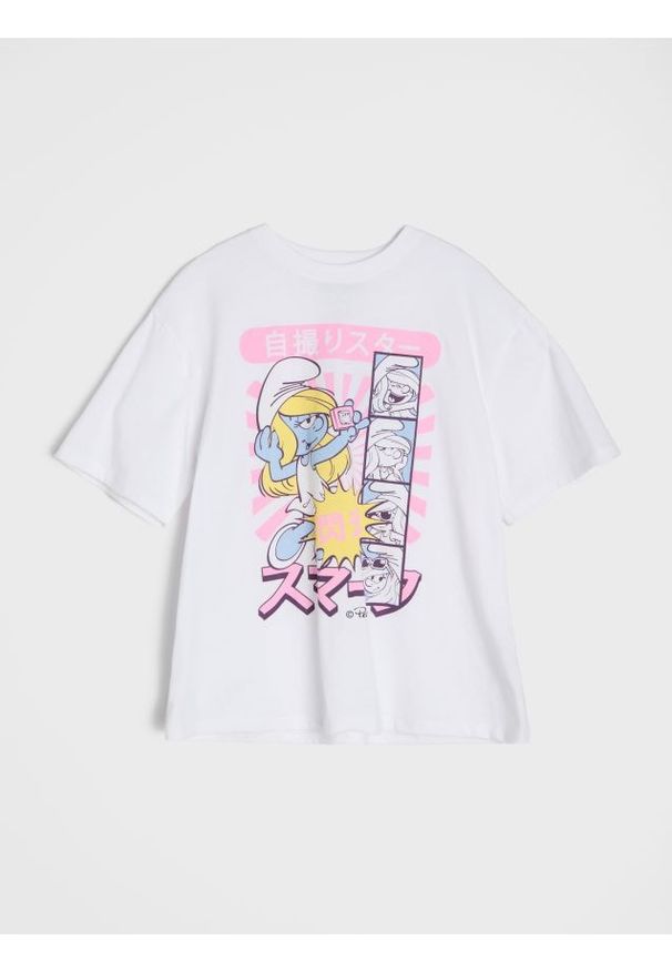 Sinsay - Bawełniana koszulka z nadrukiem The Smurfs - biały. Kolor: biały. Materiał: bawełna. Wzór: nadruk