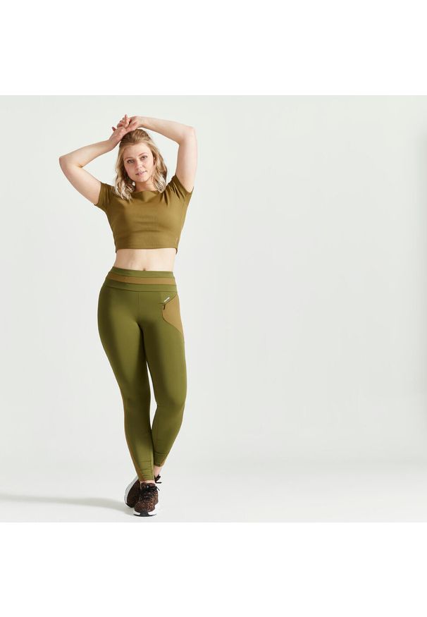 DOMYOS - Legginsy fitness damskie Domyos. Stan: podwyższony. Kolor: zielony, brązowy. Materiał: materiał, elastan, poliester, skóra. Sport: fitness