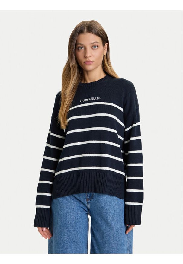 Guess Jeans Sweter W5BR03 Z3HM1 Granatowy Relaxed Fit. Kolor: niebieski. Materiał: bawełna