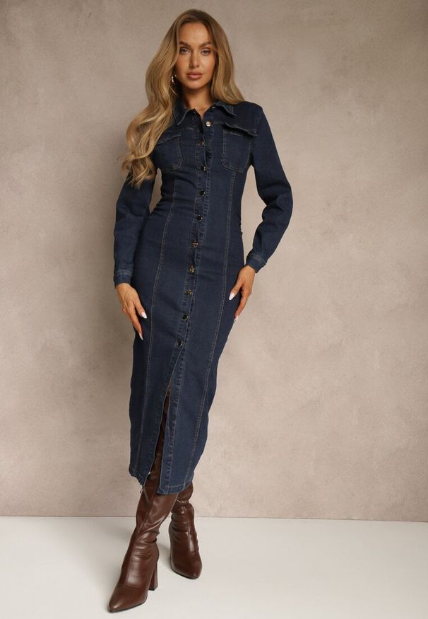 Renee - Granatowa Taliowana Sukienka Jeansowa o Koszulowym Fasonie Nezavia. Kolor: niebieski. Materiał: jeans. Typ sukienki: koszulowe. Styl: elegancki. Długość: midi