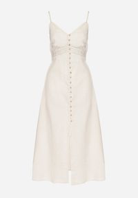 Born2be - Jasnobeżowa Bawełniana Sukienka o Rozkloszowanym Kroju na Ramiączkach z Guzikami Firbia. Okazja: na co dzień. Typ kołnierza: dekolt w kształcie V. Kolor: beżowy. Materiał: bawełna. Długość rękawa: na ramiączkach. Typ sukienki: rozkloszowane. Styl: elegancki, casual #3