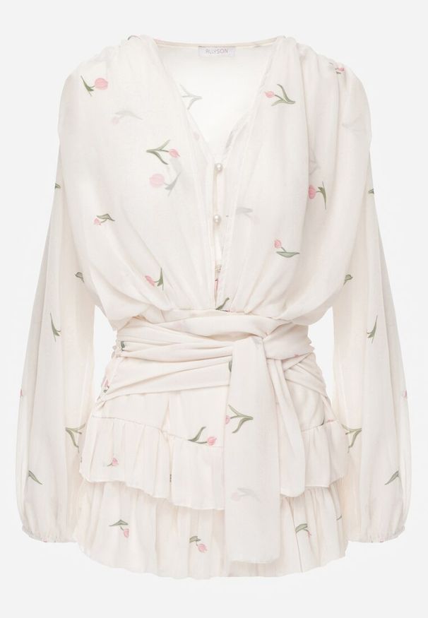 Renee - Beżowy Szyfonowy Kombinezon Zdobiony Falbankami i Paskiem z Wiązaniem Talyria. Okazja: na randkę. Kolor: beżowy. Materiał: szyfon. Wzór: aplikacja