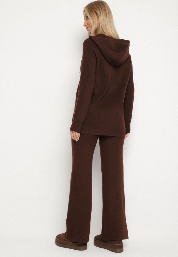 Born2be - Brązowy Komplet Dzianinowy z Wełną Bluza z Kapturem i Szerokie Spodnie Otisela. Kolor: brązowy. Materiał: dzianina, wełna