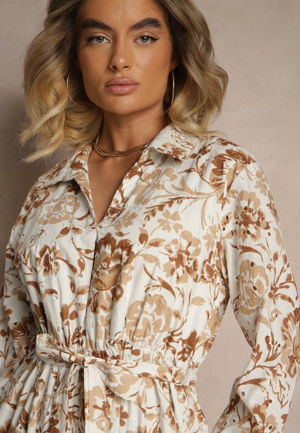 Renee - Jasnobeżowa Wiskozowa Sukienka w Kwiatowy Wzór o Koszulowym Kroju z Paskiem Zelkiona. Okazja: na co dzień, na spotkanie biznesowe. Kolor: beżowy. Materiał: wiskoza. Wzór: kwiaty. Typ sukienki: koszulowe. Styl: biznesowy, klasyczny, elegancki, casual