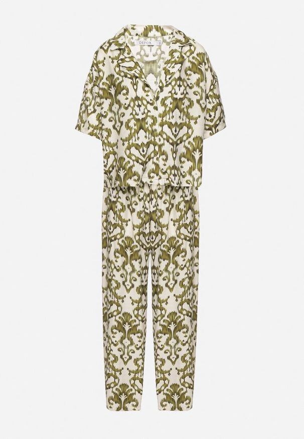 Born2be - Ciemnozielony Komplet z Wiskozy w Ornamentalny Wzór Koszula i Spodnie Evialirae. Kolor: zielony. Materiał: wiskoza