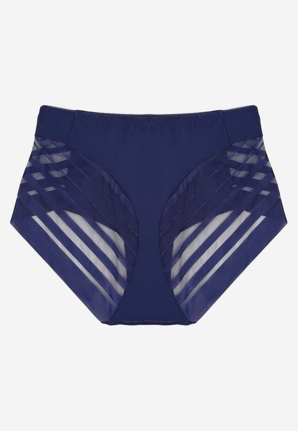 Renee - Granatowe Siateczkowe Majtki Figi High Waist z Koronkowymi Zdobieniami Heylih. Stan: podwyższony. Kolekcja: plus size. Kolor: niebieski. Materiał: koronka. Wzór: aplikacja