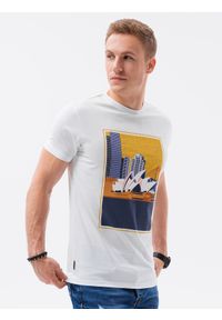 Ombre Clothing - T-shirt męski z nadrukiem S1434 V-7A - biały - XXL. Kolor: biały. Materiał: bawełna. Wzór: nadruk. Styl: klasyczny