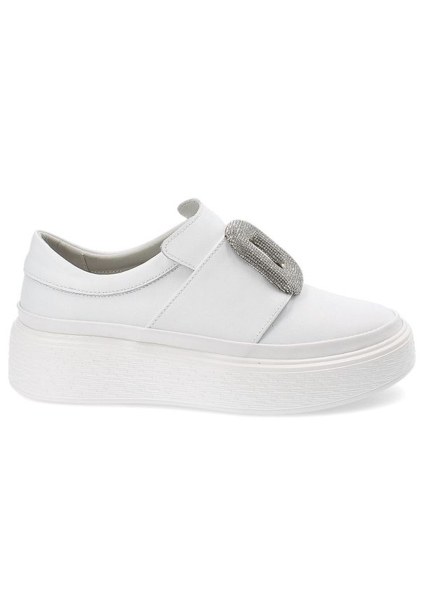 Białe Sneakersy Artiker Modne Wsuwane Obuwie Damskie. Okazja: na co dzień. Zapięcie: bez zapięcia. Kolor: biały. Materiał: guma, skóra. Wzór: aplikacja