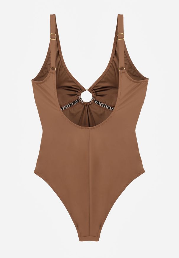 Renee - Brązowy Strój Kąpielowy z Paskiem w Geometryczny Print i Wycięciem Helania. Kolekcja: plus size. Kolor: brązowy. Wzór: nadruk, geometria