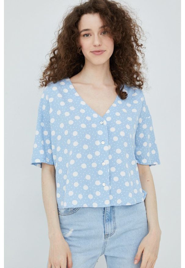 Vero Moda koszula z domieszką lnu damska relaxed. Kolor: niebieski. Materiał: len. Długość rękawa: krótki rękaw. Długość: krótkie