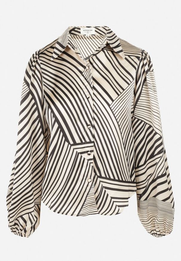 Born2be - Beżowa Koszula z Bufiastym Rękawem Gilla. Typ kołnierza: kolnierz wykładany. Kolor: beżowy. Materiał: skóra. Wzór: geometria, aplikacja, nadruk. Styl: elegancki