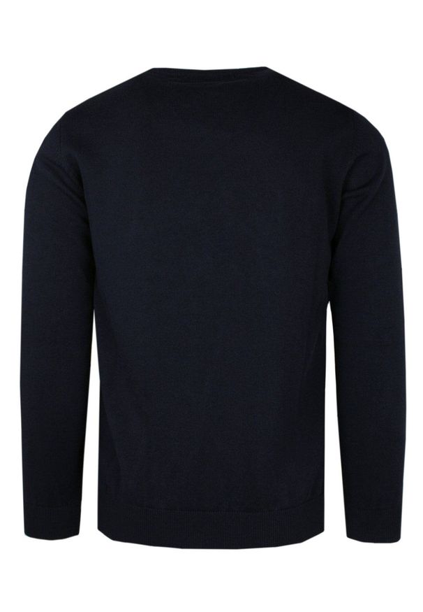 Elegancki Męski Sweter Polskiej Marki Rigon – V-neck (serek) - Granatowy. Okazja: na spotkanie biznesowe, do pracy. Kolor: niebieski. Materiał: bawełna, akryl. Styl: elegancki
