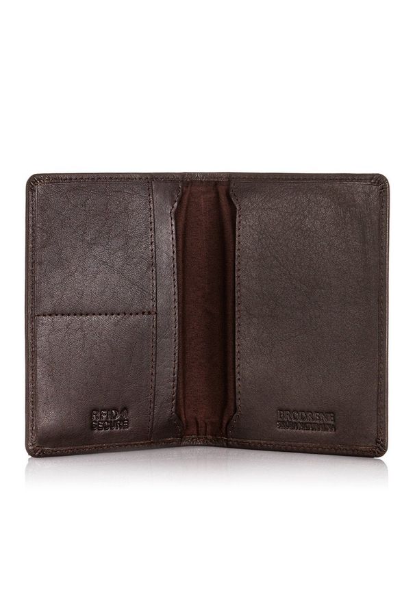 BRODRENE - Skórzany cienki portfel męski z ochroną RFID Brodrene 5574 c.brązowy. Kolor: brązowy. Materiał: skóra. Wzór: gładki