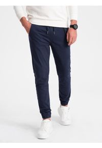 Ombre Clothing - Spodnie męskie materiałowe JOGGERY z ozdobnym sznurkiem - granatowe V9 P908 - XXL. Kolor: niebieski. Materiał: materiał