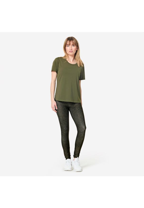 DOMYOS - Legginsy fitness damskie Domyos w panterkę khaki. Kolor: brązowy. Materiał: elastan, poliester, materiał. Wzór: motyw zwierzęcy. Sport: fitness