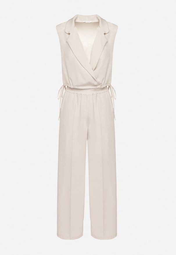 Born2be - Beżowy Komplet Kopertowa Bluzka z Kwiatową Broszką i Szerokie Spodnie Reavilia. Kolor: beżowy. Wzór: kwiaty