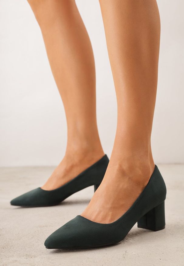 Born2be - Zielone Klasyczne Czółenka na Obcasie Katrie. Kolor: zielony. Wzór: jednolity, gładki. Obcas: na obcasie. Styl: klasyczny. Wysokość obcasa: średni