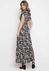 Born2be - Czarno-Beżowa Sukienka Maxi w Kwiaty z Falowanymi Rękawkami i Gumką w Talii Mulanitti. Kolor: czarny. Długość rękawa: krótki rękaw. Wzór: kwiaty. Sezon: lato. Długość: maxi #3