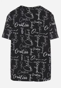 Born2be - Czarny T-shirt Oversize z Bawełny Zdobiony Nadrukiem Sinelra. Okazja: na co dzień. Kolor: czarny. Materiał: bawełna. Wzór: aplikacja, nadruk. Styl: klasyczny, elegancki, casual #5