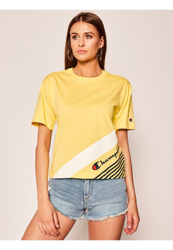 Champion T-Shirt C Logo Ribbed Cuffed 112765 Żółty Regular Fit. Kolor: żółty. Materiał: bawełna