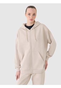 4f - 4F Bluza dresowa rozpinana z kapturem damska - beżowa XL. Okazja: na co dzień. Typ kołnierza: kaptur. Kolor: beżowy. Materiał: dresówka. Wzór: gładki, ze splotem. Styl: sportowy, casual