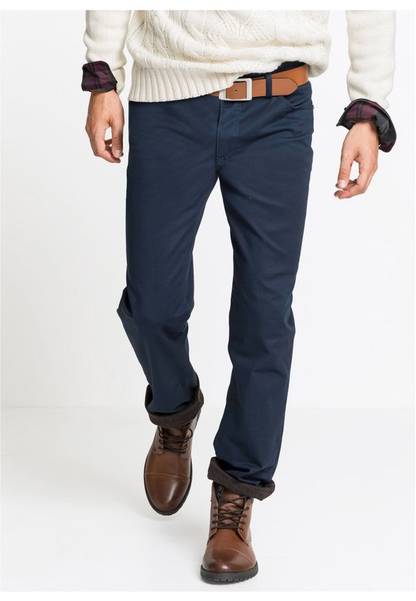 bonprix - Spodnie ocieplane ze stretchem Regular Fit Straight. Stan: podwyższony. Kolor: niebieski