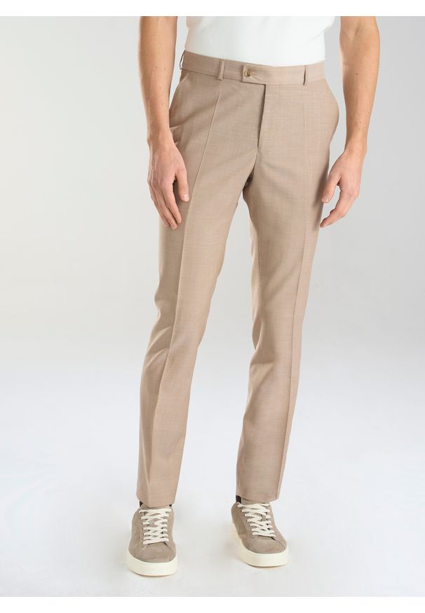 Pako Lorente - PAKO LORENTE – Beżowe wełniane spodnie męskie. Okazja: na wesele, na ślub cywilny, na komunię. Kolor: beżowy. Materiał: wełna. Styl: boho