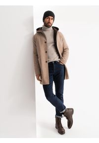 Ombre Clothing - Melanżowy długi męski płaszcz z kapturem – beżowy V2 - Rozmiar: XL. Typ kołnierza: kaptur. Kolor: beżowy. Materiał: poliester, tkanina, wełna, materiał, nylon, syntetyk. Długość: długie. Wzór: melanż. Sezon: zima. Styl: elegancki