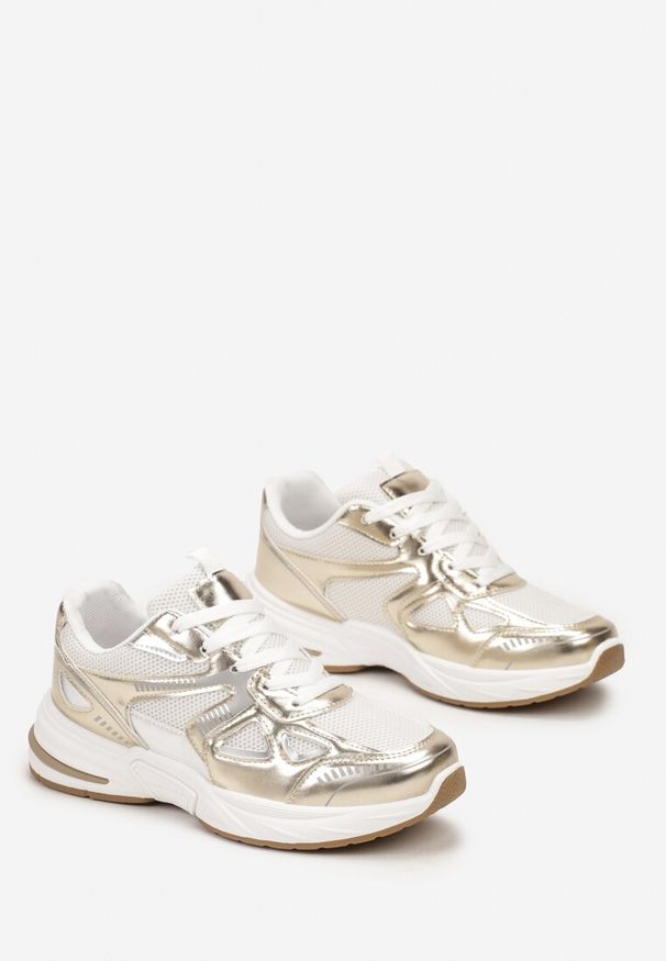 Renee - Biało-Złote Sneakersy ze Wstawkami z Ekoskóry na Grubej Podeszwie Elperna. Kolor: złoty