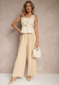 Renee - Beżowe Szerokie Spodnie Typu Palazzo High Waist Araneira. Okazja: na co dzień, na spotkanie biznesowe, na spacer. Stan: podwyższony. Kolor: beżowy. Styl: biznesowy, elegancki, casual