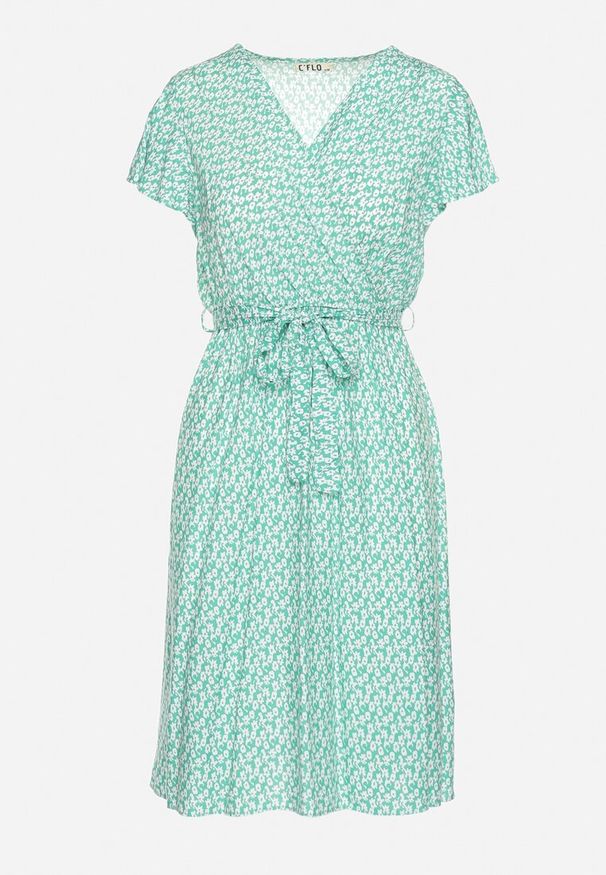 Born2be - Zielona Sukienka z Kopertowym Dekoltem Wiązanym Paskiem i Gumką w Talii z Wiskozy Canbra. Kolor: zielony. Materiał: wiskoza. Sezon: lato. Typ sukienki: kopertowe