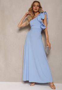 Renee - Niebieska Rozkloszowana Sukienka Asymetryczna z Dużymi Falbanami przy Ramionach Cevada. Okazja: na ślub cywilny, na wesele, na co dzień. Kolor: niebieski. Typ sukienki: asymetryczne. Styl: casual #5