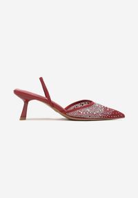 Renee - Bordowo-Czerwone Eleganckie Sandały na Obcasie Kaczuszka Bez Pięty z Cyrkoniami Elimira. Nosek buta: otwarty. Kolor: czerwony. Materiał: materiał. Wzór: aplikacja. Sezon: lato. Obcas: na obcasie. Styl: elegancki. Wysokość obcasa: średni #6