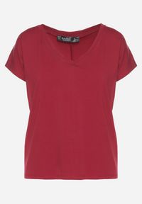 Born2be - Bordowy Bawełniany T-shirt z Trójkątnym Dekoltem Linarosea. Okazja: na co dzień. Kolor: czerwony. Materiał: bawełna. Styl: casual #5