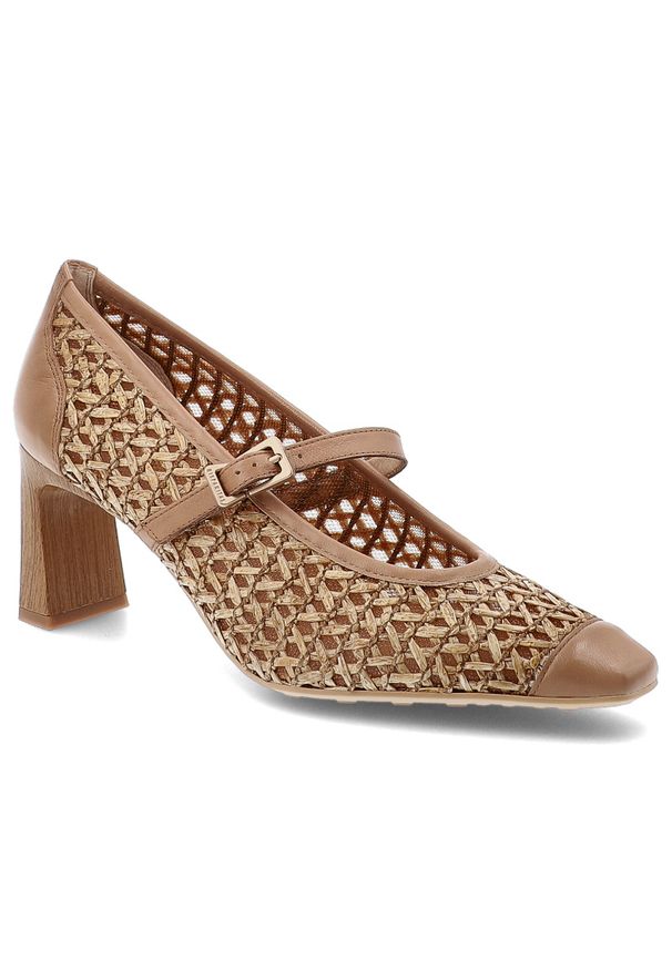 Czółenka damskie Hispanitas, z łączonych materiałów z ażurową cholewką o plecionym wykończeniu stabilny obcas o słupkowym kształcie, beżowe, RHV26460. Okazja: na spotkanie biznesowe. Zapięcie: pasek. Kolor: beżowy. Szerokość cholewki: normalna. Wzór: ażurowy. Materiał: materiał. Obcas: na obcasie. Styl: biznesowy, elegancki. Wysokość obcasa: średni