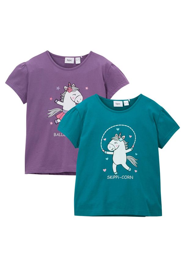 T-shirt dziewczęcy (2 szt.) bonprix ultrafioletowy + morski turkusowy. Kolor: fioletowy