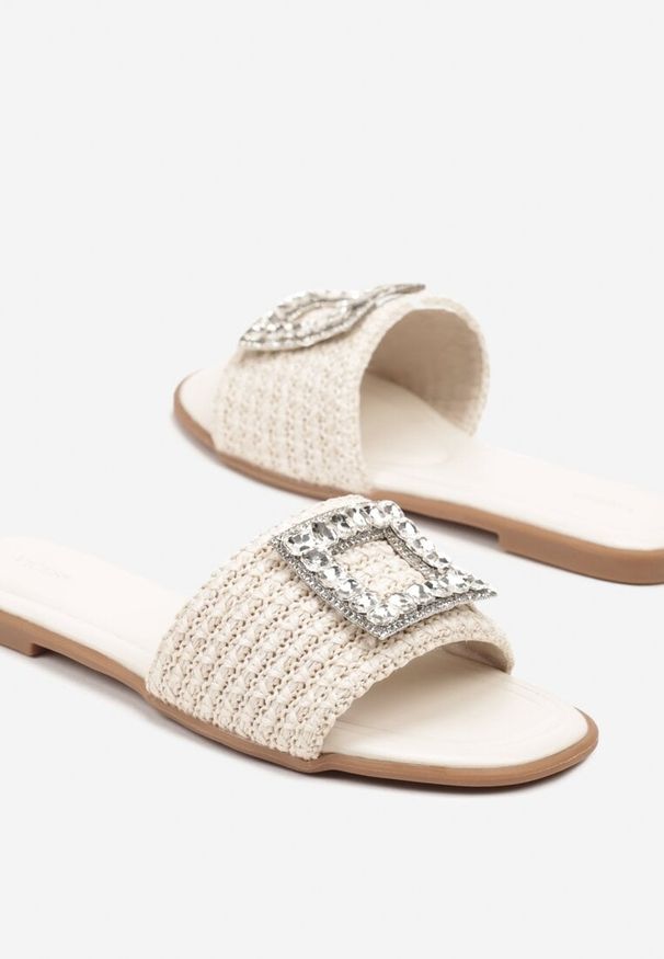 Renee - Beżowe Klapki Vices Ozdobione Cyrkoniową Aplikacją i Plecionką Aozia. Okazja: na co dzień. Kolor: beżowy. Wzór: aplikacja. Sezon: lato. Styl: casual