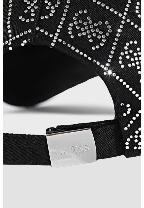 Guess - GUESS Czarna damska czapka z cyrkoniami. Kolor: czarny. Wzór: aplikacja
