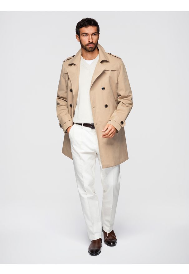 Ombre Clothing - Elegancki dwurzędowy męski płaszcz trencz SLIM FIT z paskiem - beżowy V1 - Rozmiar: XL. Kolor: beżowy. Materiał: poliester, tkanina, materiał, satyna. Wzór: gładki. Styl: elegancki