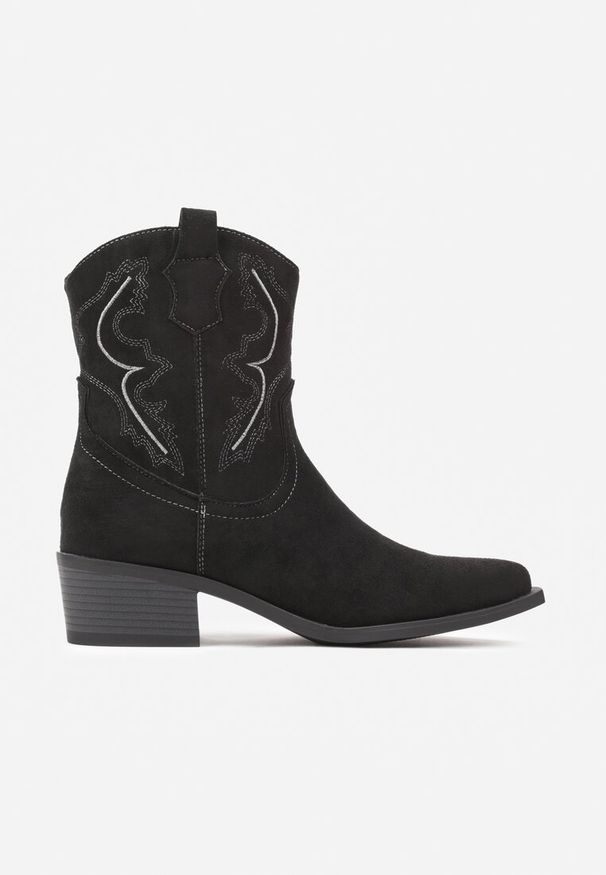 Born2be - Czarne Botki Kowbojki na Obcasie z Ozdobnymi Przeszyciami Miarielen. Okazja: na co dzień. Kolor: czarny. Materiał: jeans. Obcas: na obcasie. Styl: elegancki, casual. Wysokość obcasa: średni