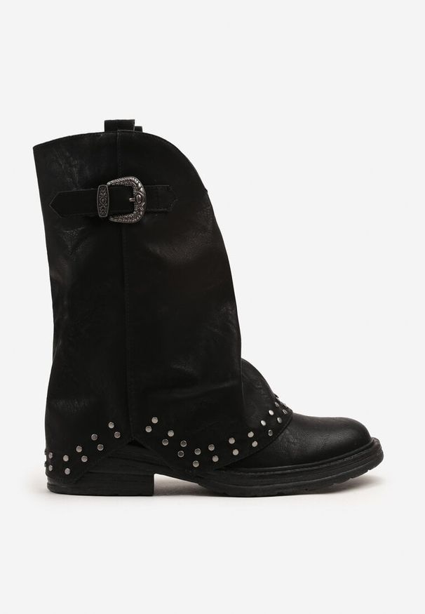 Born2be - Czarne Botki z Wywiniętą Cholewką Zdobione Nitami i Klamerką Rilenaria. Okazja: na co dzień. Kolor: czarny. Materiał: jeans. Szerokość cholewki: normalna. Wzór: aplikacja. Styl: elegancki, casual