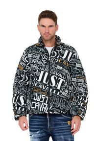 Just Cavalli - JUST CAVALLI Czarna męska kurtka Print Lettering, Rozmiar 50. Kolor: czarny. Wzór: nadruk
