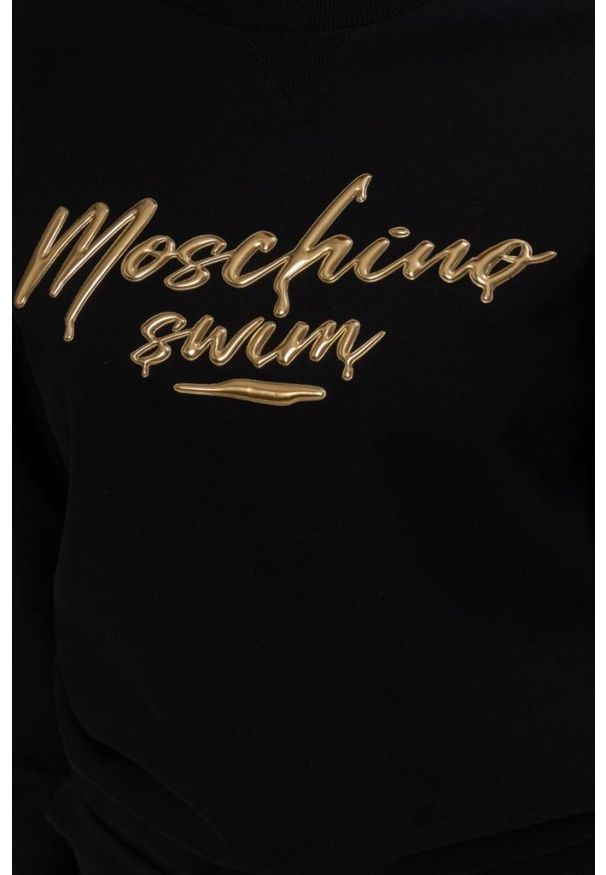 MOSCHINO Czarna bluza damska ze złotym logo, Rozmiar M. Kolor: czarny. Materiał: prążkowany, bawełna. Wzór: aplikacja