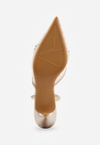 Renee - Złote Koronkowe Czółenka VICES na Szpilce z Odkrytą Piętą i Cyrkoniami Idaphei. Okazja: na imprezę. Nosek buta: szpiczasty. Zapięcie: pasek. Kolor: złoty. Wzór: aplikacja. Materiał: koronka. Sezon: lato. Obcas: na szpilce. Styl: glamour, elegancki. Wysokość obcasa: średni #9